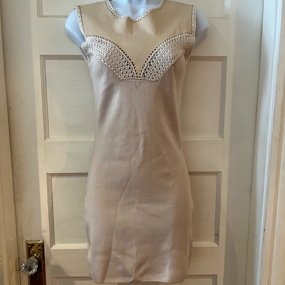 Marciano beige leather knit stretch bodycon dress with crochet neckline size XS